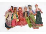 Six marionnettes Kathputli - Rajasthan, XXème Corps en tissu, coton...