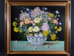 POCHEZ Marie (1926). Vase de fleurs. Grande huile sur toile,...