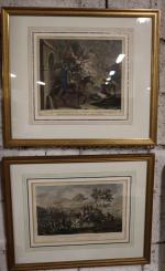 Deux gravures rehaussées à l'aquarelle et encadrées sous verre :...