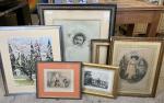 Lot d'encadrements : photographie, gravures, dessin et cadre nu